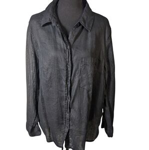 Black Linen blouse size L.  Long sleeves tunic length, lagenlook boho